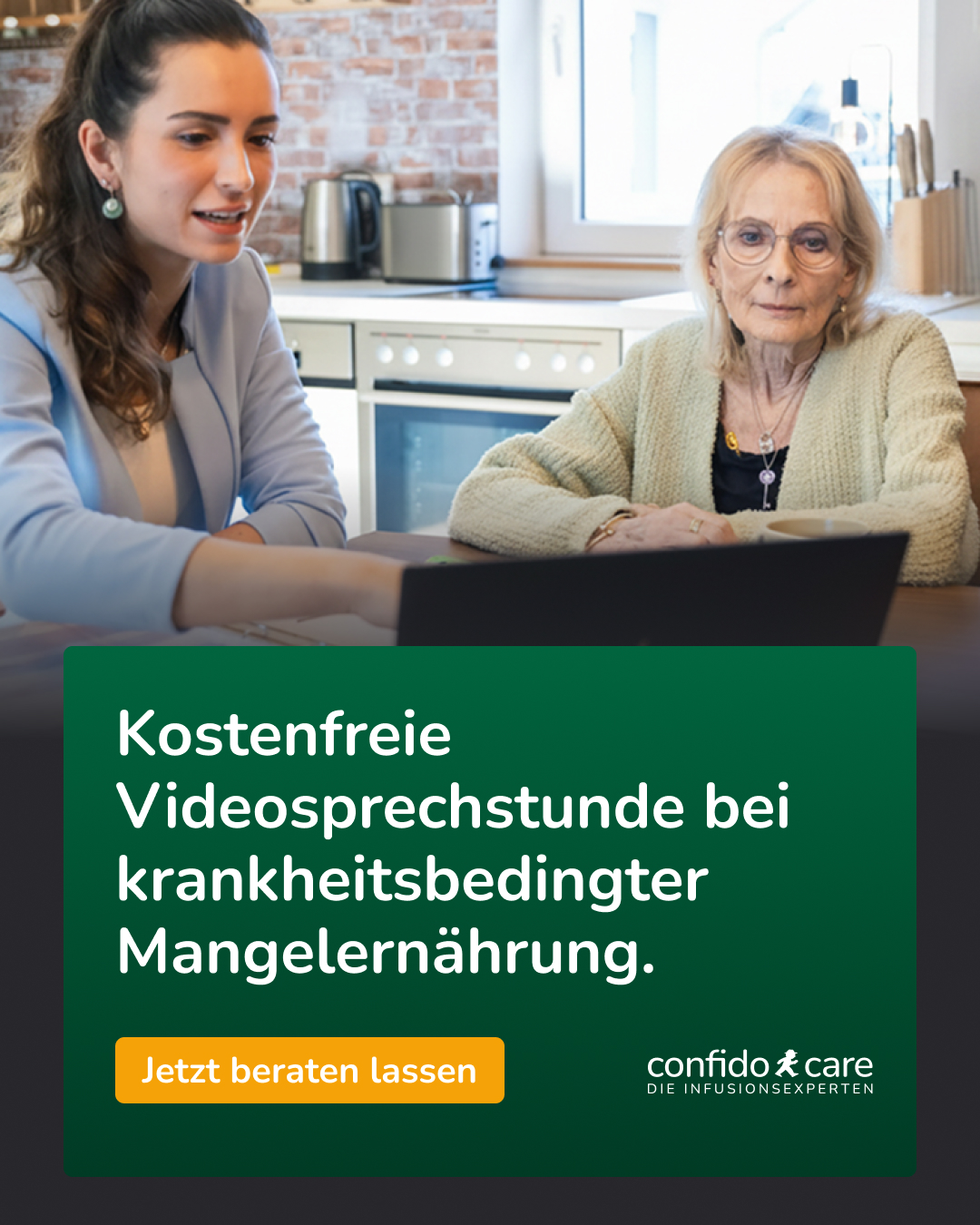 Werbeanzeige für eine kostenfreie Videosprechstunde von Confido Care