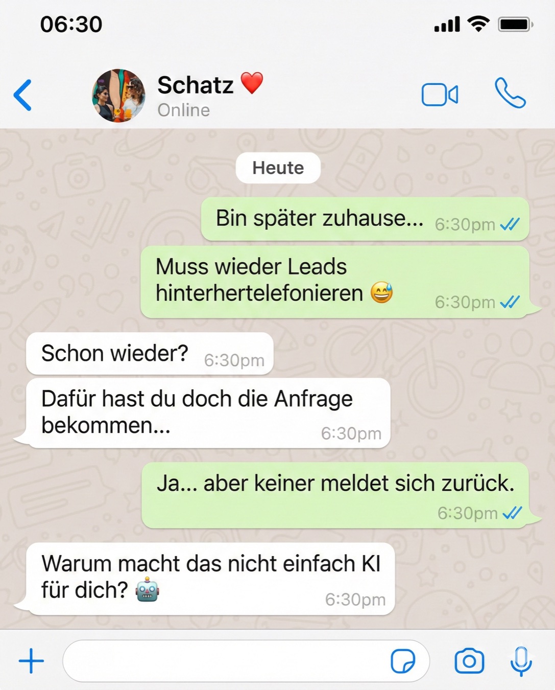 Werbeanzeige im Stil eines WhatsApp Chats über automatisierte Lead Nachverfolgung