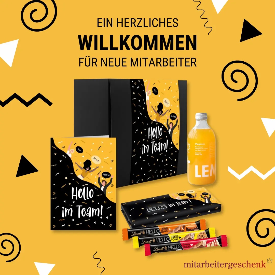 Gelbes Kampagnen-Creative für ein Willkommenspaket für neue Mitarbeiter